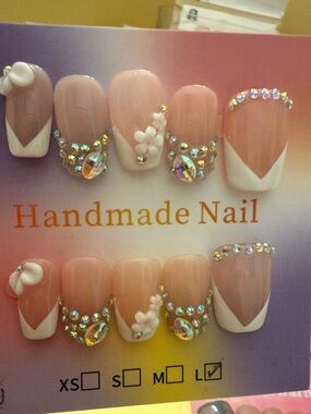 Handmade Nude Pink & White Rhinestone Press-On Nails